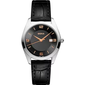 Doxa Neo Classic női karóra 121.15.103R.01, fekete számlappal, fekete bőr szíjjal