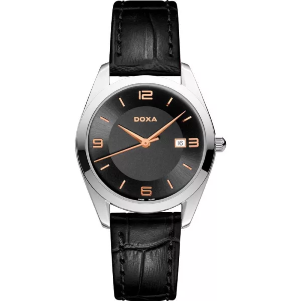 Doxa Neo Classic női karóra 121.15.103R.01, fekete számlappal, fekete bőr szíjjal