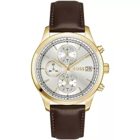 Hugo Boss Stratus férfi karóra HB1514327, ezüst számlappal, barna bőr szíjjal