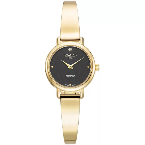 Roamer Elegance Diamond Round női karóra 548845 48 55 50, fekete számlappal, arany nemesacél szíjjal