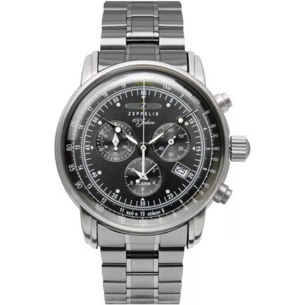 Zeppelin 100 Jahre Chronograph férfi karóra 7680MB-2, fekete számlappal, ezüst nemesacél szíjjal