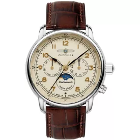Zeppelin Méditerranée 1921 Moon Phase férfi karóra 9636-5, bézs számlappal, barna bőr szíjjal