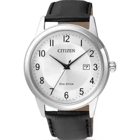 Citizen Sporty férfi karóra AW1231-07A, ezüst számlappal, fekete bőr szíjjal