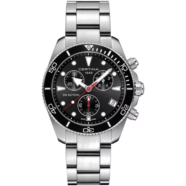 Certina DS Action Chrono férfi karóra C048.417.11.051.00, fekete számlappal, ezüst nemesacél szíjjal