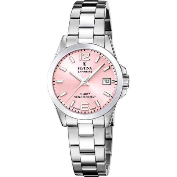 Festina Swiss Made női karóra F20049/3, rózsaszín számlappal, ezüst nemesacél szíjjal