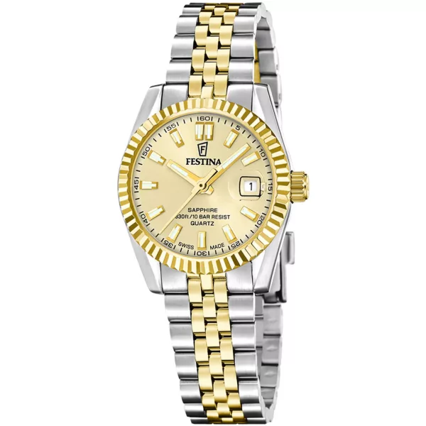 Festina Swiss Made női karóra F20088/2, arany számlappal, ezüst és arany nemesacél szíjjal