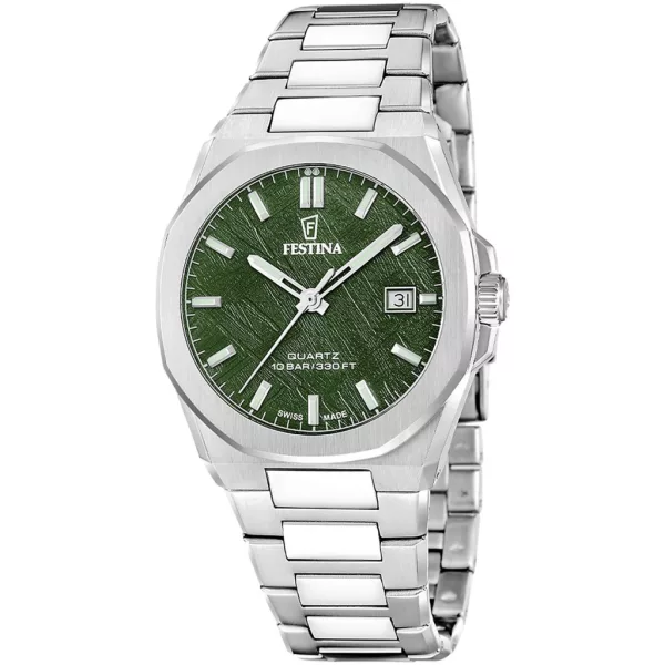 Festina Swiss Made férfi karóra F20100/2, zöld számlappal, ezüst nemesacél szíjjal