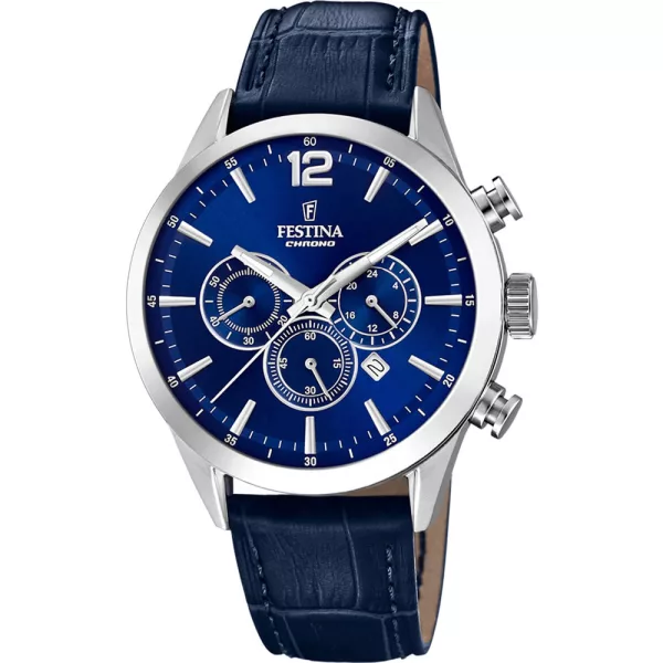 Festina Timeless Chronograph férfi karóra F20542/2, kék számlappal, kék bőr szíjjal