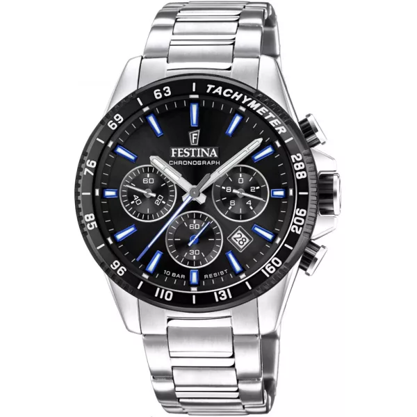 Festina Timeless Chrono férfi karóra F20560/5, fekete számlappal, ezüst nemesacél szíjjal