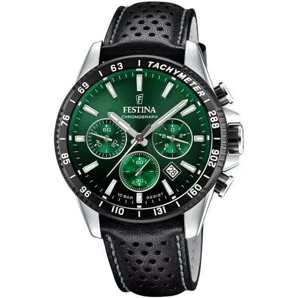 Festina Timeless Chronograph férfi karóra F20561/5, zöld számlappal, fekete bőr szíjjal