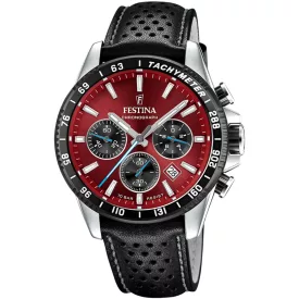 Festina Timeless Chronograph férfi karóra F20561/7, piros számlappal, fekete bőr szíjjal