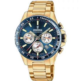 Festina Timeless Chrono férfi karóra F20634/2, kék számlappal, arany nemesacél szíjjal