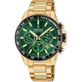Festina Timeless Chrono férfi karóra F20634/4, zöld számlappal, arany nemesacél szíjjal