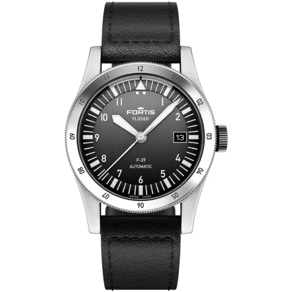 Fortis Flieger F-39 férfi karóra F4220016, fekete számlappal, fekete bőr szíjjal