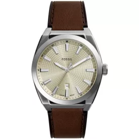 Fossil Everett férfi karóra FS6071, fehér számlappal, barna bőr szíjjal