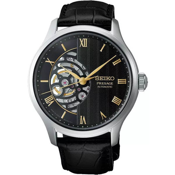 Seiko Presage Japanese Garden férfi karóra HCB008J1, fekete számlappal, fekete bőr szíjjal
