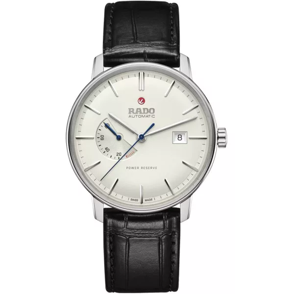 Rado Coupole Automatic Power Reserve férfi karóra R22878045, fehér számlappal, fekete bőr szíjjal