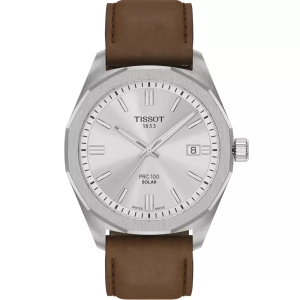 Tissot Classic PRC 100 Solar férfi karóra T151.422.16.031.00, ezüst számlappal, barna bőr szíjjal